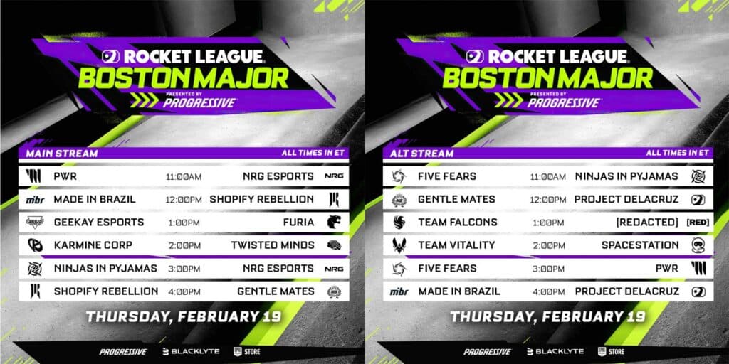 Day 1 matchups and schedule at the RLCS 2026 Boston Major (Image via Rocket League Esports)