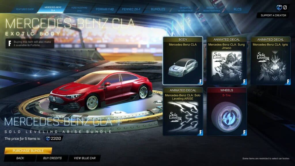 The exotic body Mercedes-Benz CLA in the Rocket League Solo Leveling bundle (Image via esports.gg)