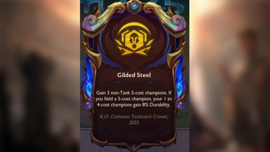 Gilded Steel as a championship augment that celebrates the K.O. Coliseum Tactician's Crown (Image via Riot Games)
