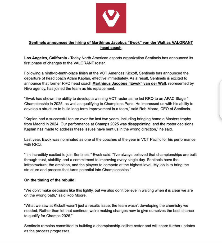 Sentinels CEO Rob Moore's statement (Image via Rob Moore / Sentinels)