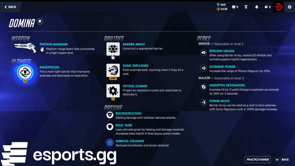 Domina's kit, including her abilities and perks (Screenshot via esports.gg)