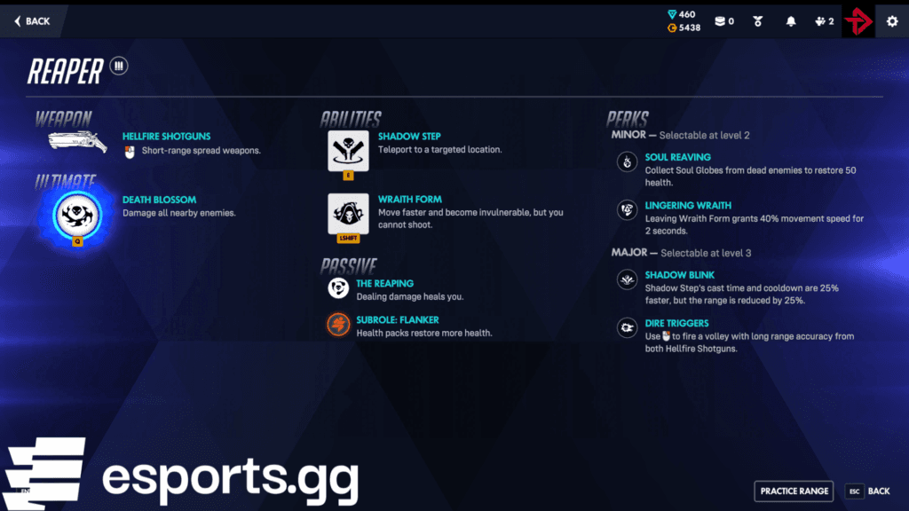 Reaper's kit, including his abilities and perks (Screenshot via esports.gg)