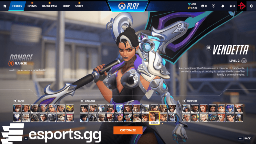Vendetta is a damage hero in Overwatch (Screenshot via esports.gg)