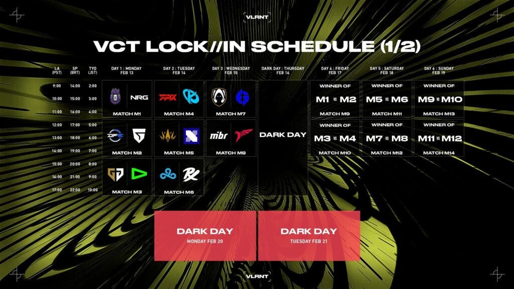 The first part of the VCT LOCK//IN schedule (Image via Riot Games)