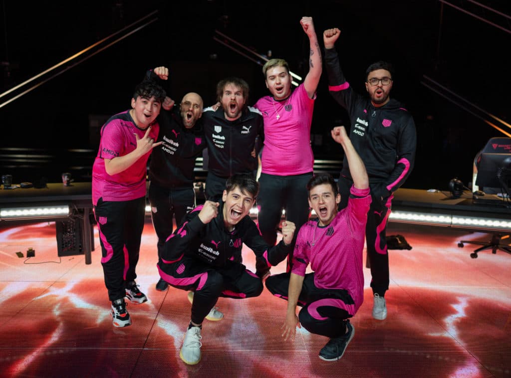 <meta charset="utf-8">KRÜ Esports pose after their tremendous upset win over Sentinels. (RIOT GAMES/Wojciech Wandzel)