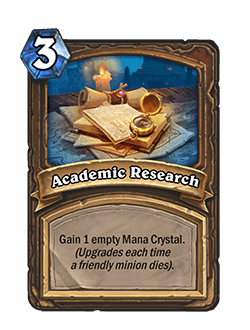 Academic Research<br>Old: Start of Game: Draw this. Gain 1 Mana Crystal. (Upgrades each time a friendly minion dies). <strong>→</strong> <strong>New: Gain 1 empty Mana Crystal. (Upgrades each time a friendly minion dies).</strong>