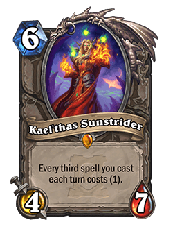 Kael’thas Sunstrider<br>Old: Every third spell you cast each turn costs (0). <strong>→</strong> <strong>New: Every third spell you cast each turn costs (1).</strong>