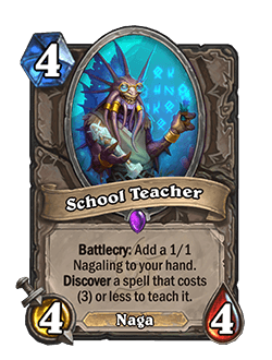 School Teacher - Image via Blizzard<br>Old: 4 Attack, 3 Health<br><strong>New: 4 Attack, 4 Health</strong>